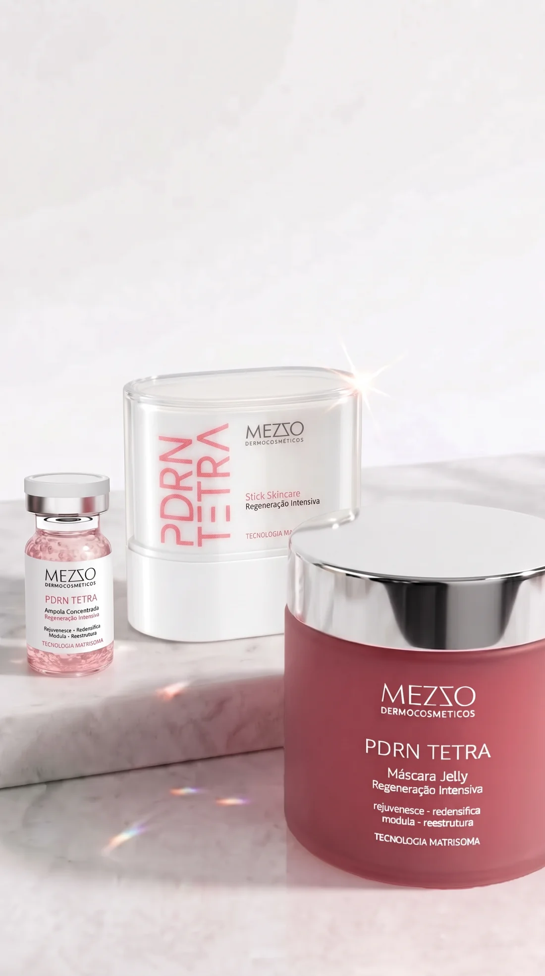 PDRN TETRA: Ampola Concentrada, Stick Skincare e Máscara Jelly da Mezzo sobre mármore